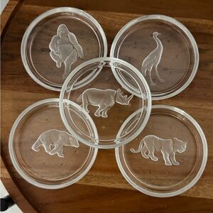 5 Val Saint Lambert Glass Animal Coasters – Bear, Tiger, Rhino, Gorilla & Egret